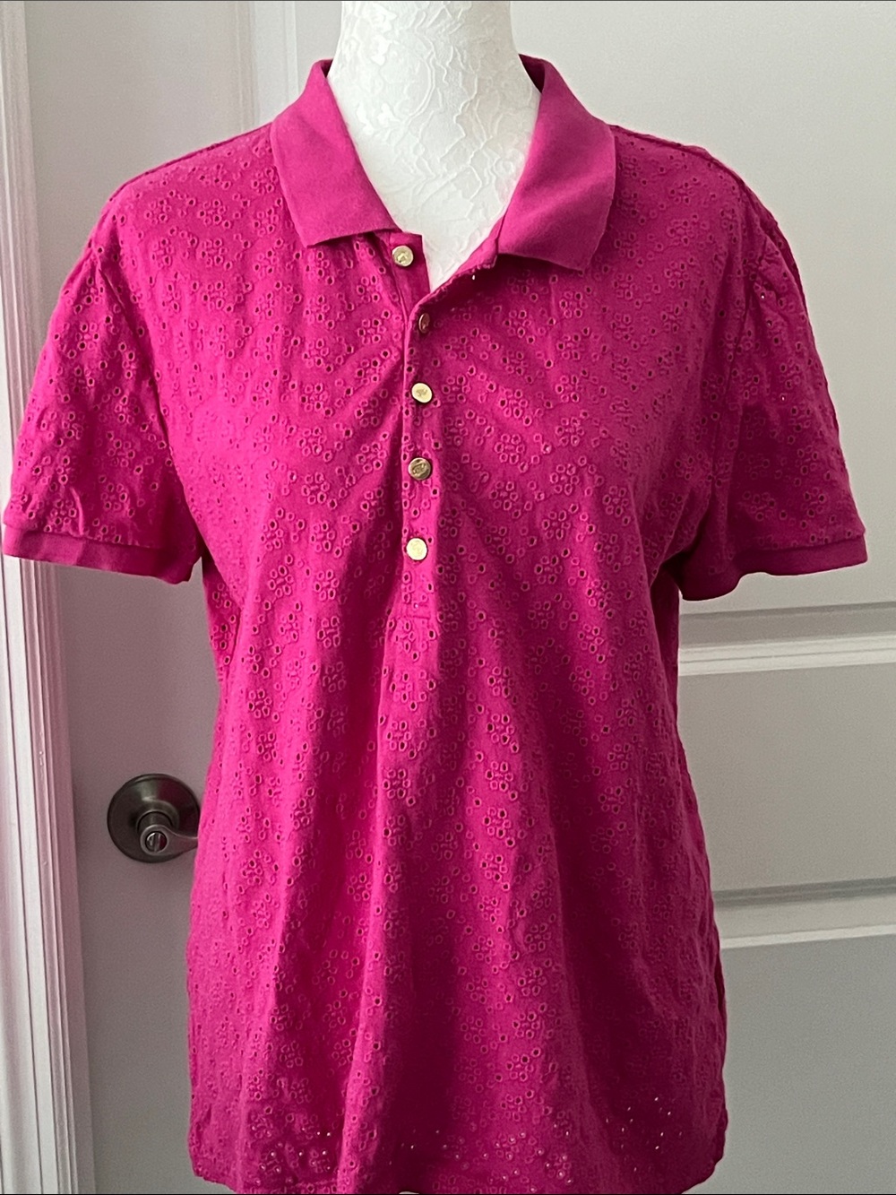 Lauren by Ralph Lauren Black Label Hot Pink Eyelet Polo Shirt 100 % Cotton XL
